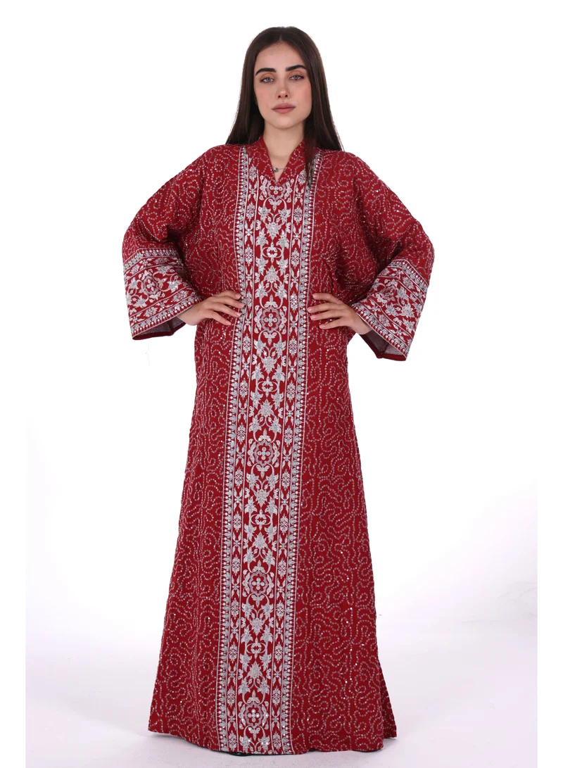 AL BENT AL SHARQIEH red Embroidered Linen Jalabiya dress with unvisible belt for Women | Best Price UAE